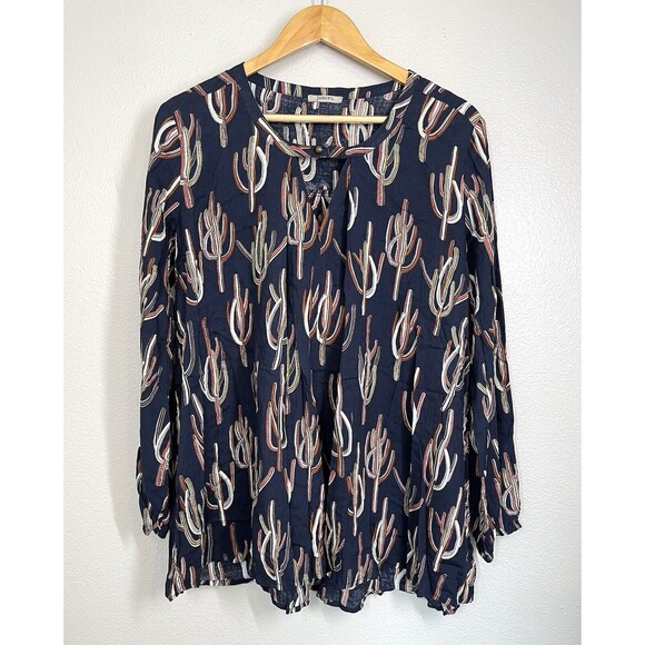 NWOT JODIFL Navy Blue Cactus Long Sleeve Western Tunic Blouse Sz M Southwest Top - Picture 1 of 10